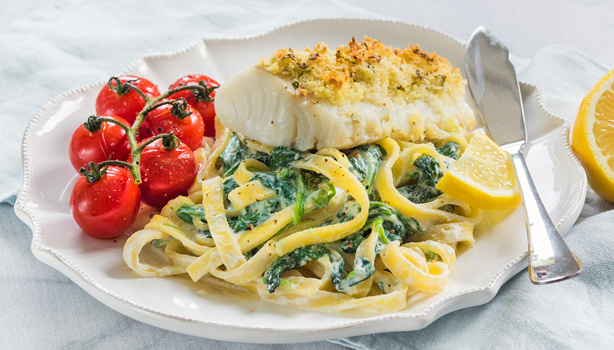 Pasta met spinazie en kabeljauw