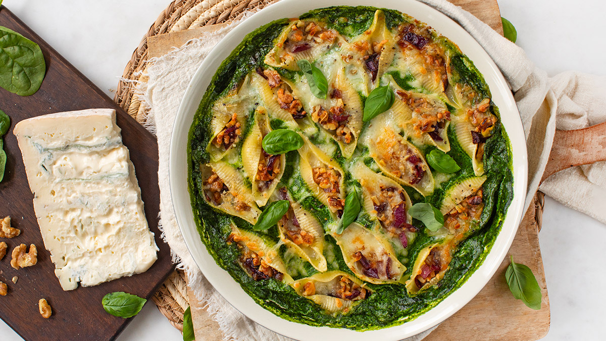 Aanrader: gevulde pastaschelpen met Gorgonzola DOP in spinaziesaus