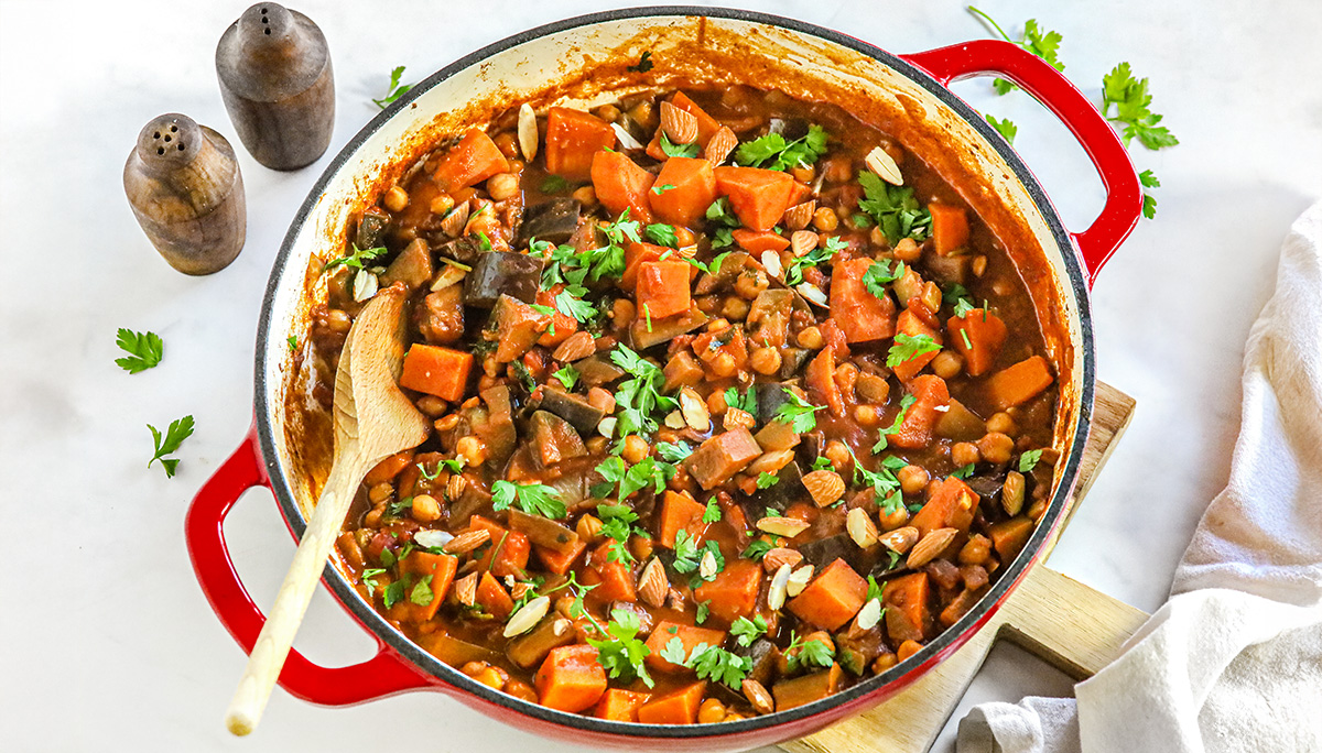 Aubergine stoof met zoete aardappel