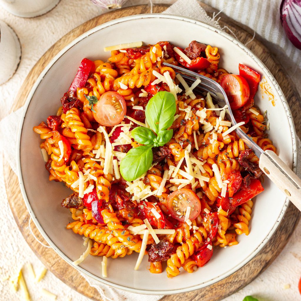 Gluten-free vegetarian pasta with cherry tomatoes